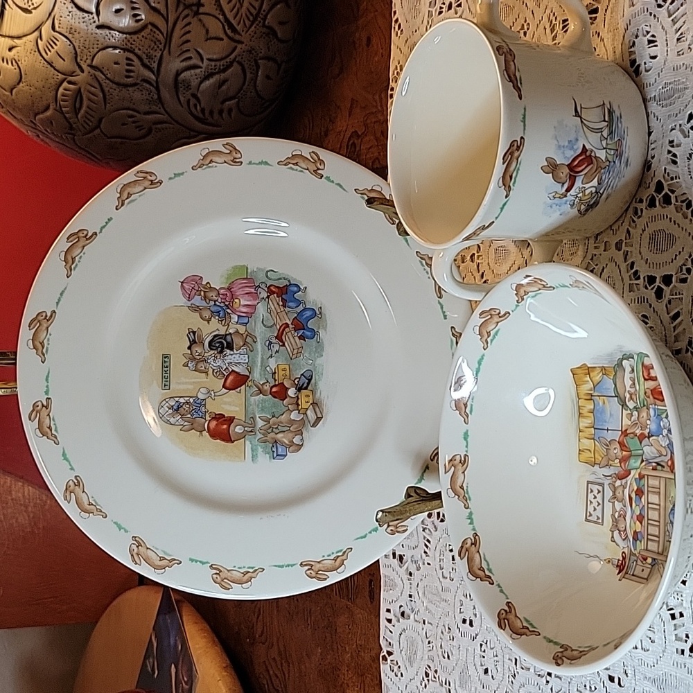 Royal Doulton Bunnykins 1936 Bowl & Plate, & Double Handle Cup. Made in England